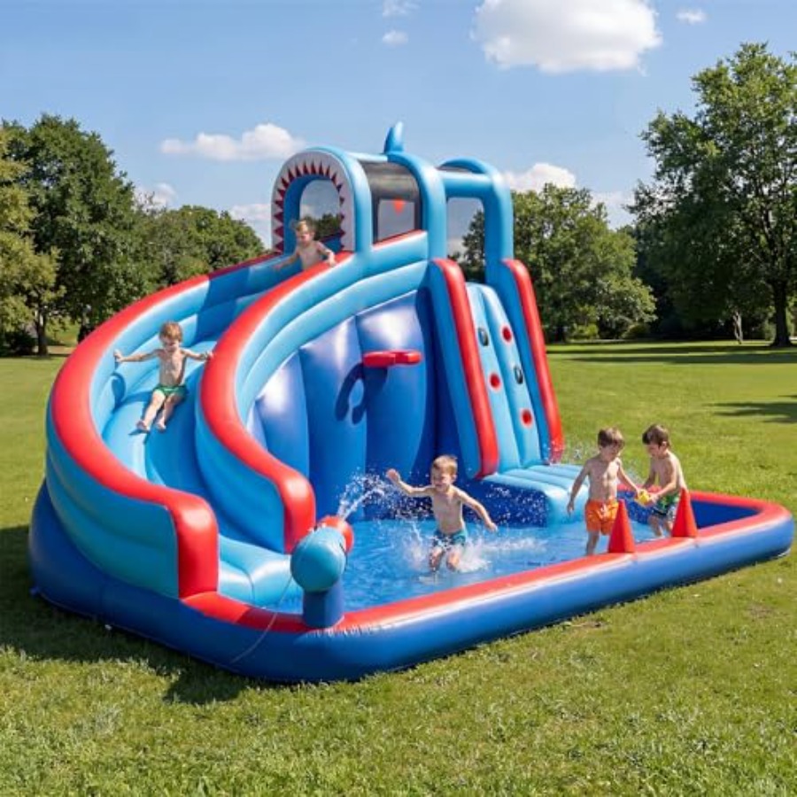 Water Slide Inflatable - 子供用裏庭用インフレータブルウォータースライド、450W送風機付き、PVC素材、青と黄色、簡単設置、屋内外兼用