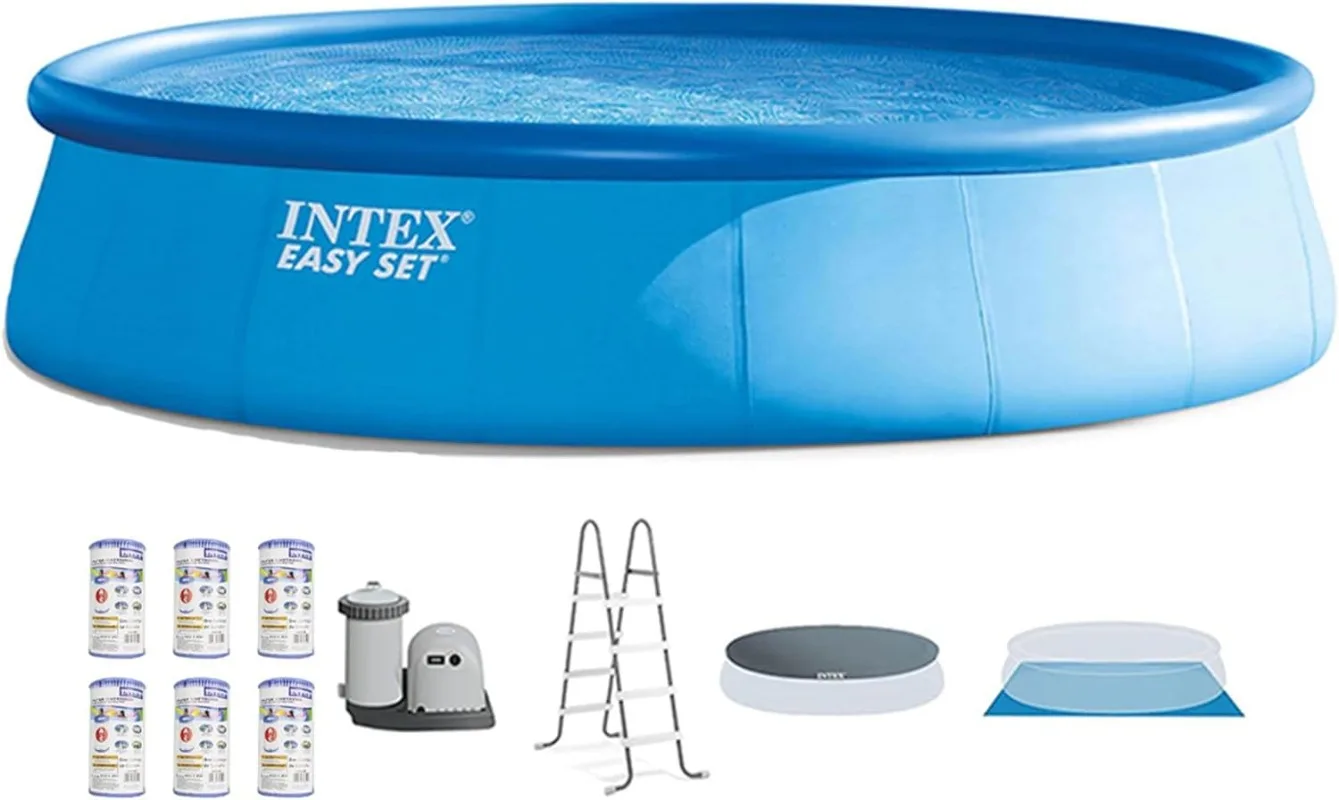 Pool Ladder Above Ground - インテックス イージーセット 18フィート x 48インチ 丸型地上設置型インフレータブルスイミングプールセット（フィルターポンプ、はしご、プールカバー、フィルター付き）