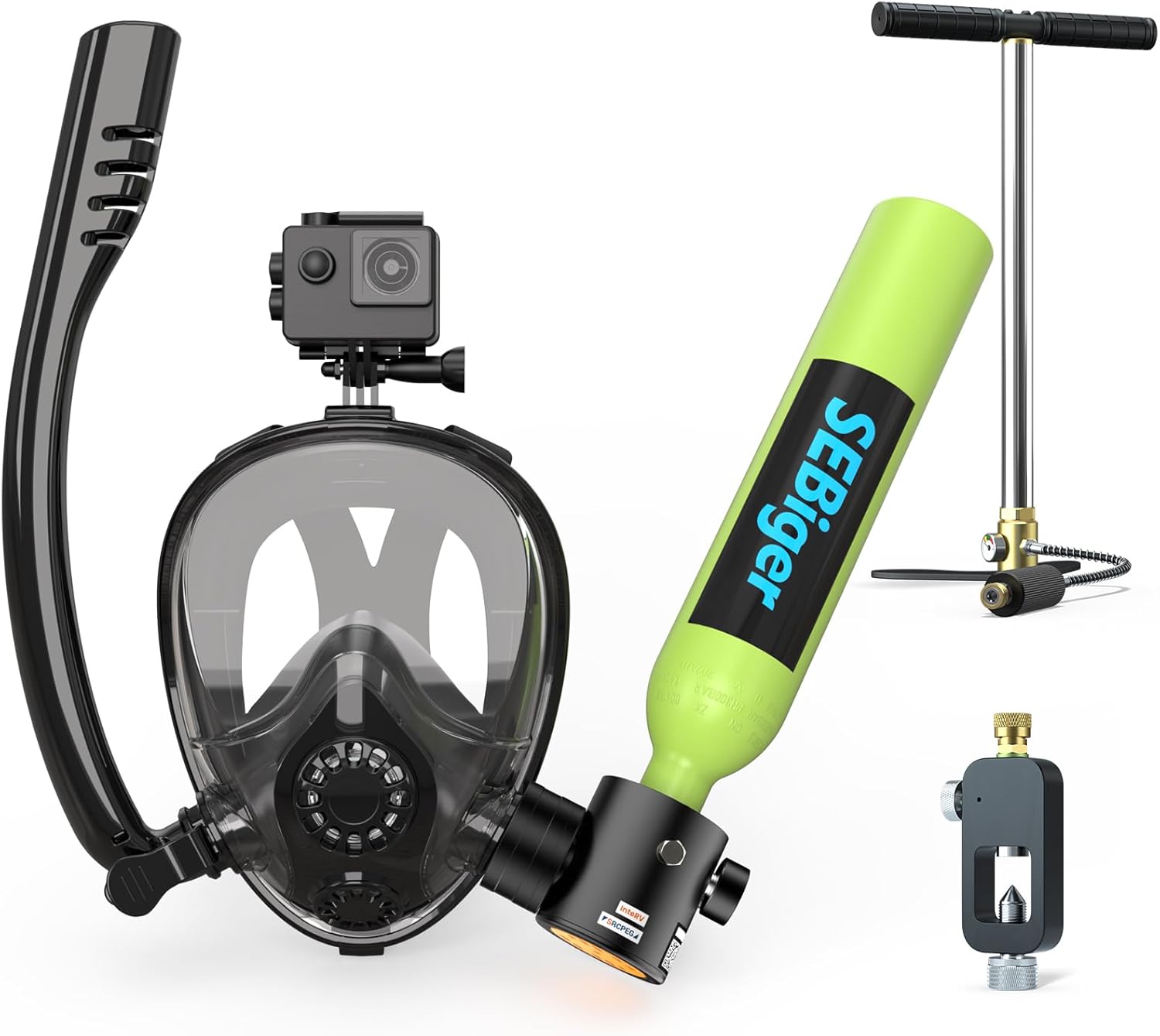 Snorkel Mask Full Face - ミニスキューバタンク0.5L、フルフェイスシュノーケルマスク付き、DOT認証済み水中呼吸補助装置 - 理想的なシュノーケリングセット